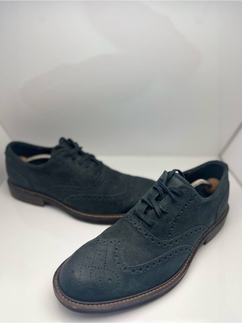Ecco Men's Wingtip Derby Shoes - Dark Green Suede